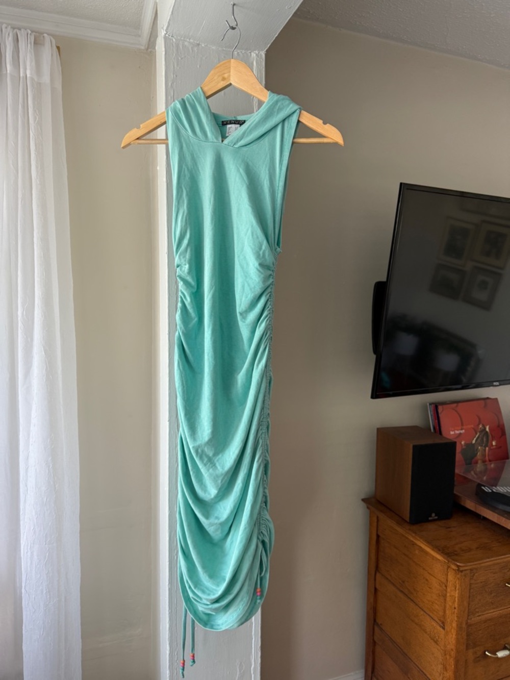 VENUS Mint Green Ruched Hooded Maxi Dress – Size S